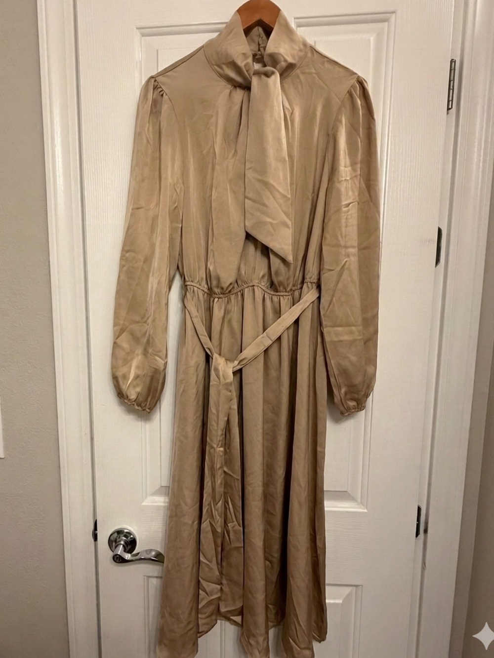 Lyaner Champagne Satin Mock Neck Tie-Waist Long Sleeve Midi Dress Size M